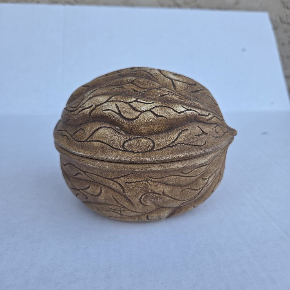 Vintage Walnut Shell Trinket Box‎ Green Glaze Interior Decorative Jewelry Dish